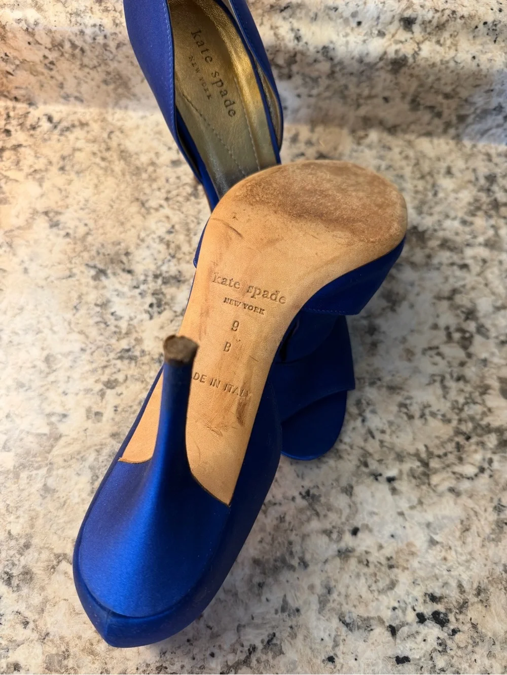 kate spade cobalt blue satin peep-toe heels with ruffle wedding royal prom event